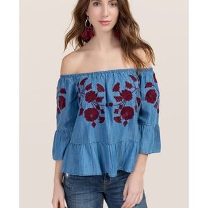 Francesca’s off the shoulder Chambray Blouse